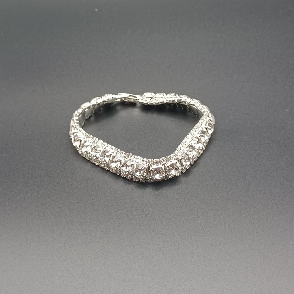 Clear Stone 3-Row Statement Bracelet Foldover Clasp Silver 7.25"